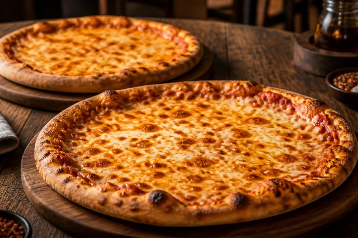 Two large cheese pizzas